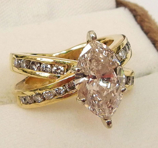 18K 2.9-carat marquise-cut diamond solitaire engagement ring. Stephenson’s Auctioneers image.   