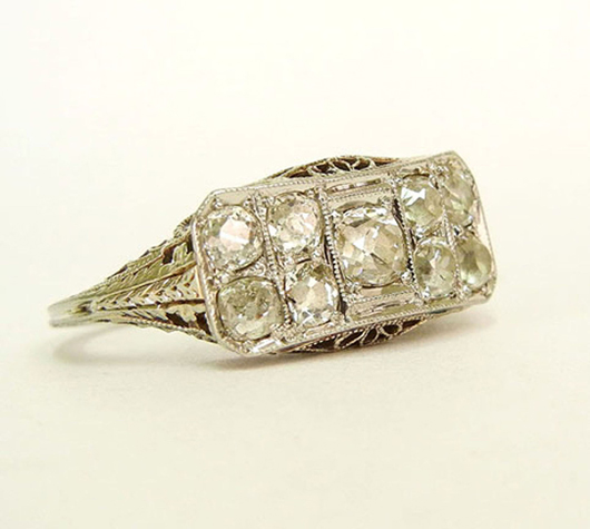 Art Deco 14K gold filigree and diamond ring, from the Estate of Louise McClure. Stephenson’s Auctioneers image.