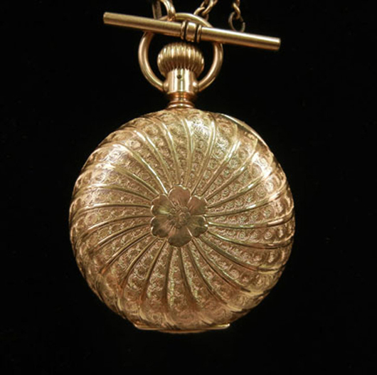 Engraved 14K rose gold pocket watch made by Philadelphia jeweler, Z.J. Pequignot. Stephenson’s Auctioneers image.   