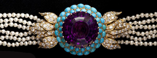 Amethyst, turquoise, diamond and pearl vintage choker necklace, consisting of one round amethyst weighing approximately 44 carats. Estimate: $4,500-$6,500. Image courtesy of Leland Little.