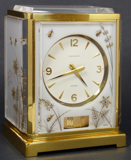 Jaeger LeCoultre white caravelle Atmos clock with a honeybee design, circa 1970: $3,776. Image courtesy of Elite Decorative Arts.