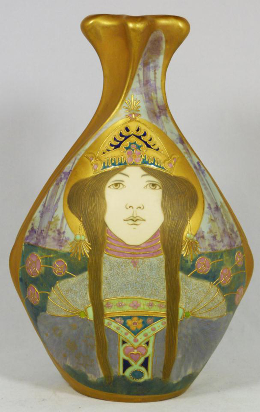 Teplitz hand-painted amphora portrait vase depicting a woman with tiara: $5,865. Image courtesy of Elite Decorative Arts.