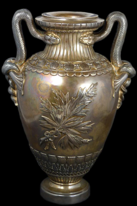 Tiffany & Co. sterling silver Revival urn with snake handles, 11 1/2 inches tall: $8,555. Image courtesy of Elite Decorative Arts.