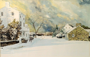 Rare original Peter Sculthorpe watercolor painting of a winter landscape scene of the corner of Providence and Goshen roads, Willistown Township, Pa. Estimate: $5,000-$7,000. Image courtesy of Wiederseim Associates Inc.