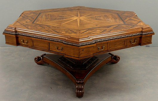 Fine English Regency mahogany hexagonal table with inlaid compass and multiple drawers. Estimate: $2,000-$3,000. Image courtesy of Wiederseim Associates Inc.