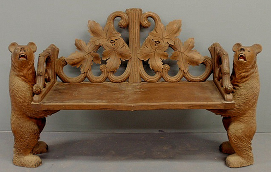 Black Forest carved bench, circa 1880. Estimate: $2,000-$2,500. Image courtesy of Wiederseim Associates Inc.