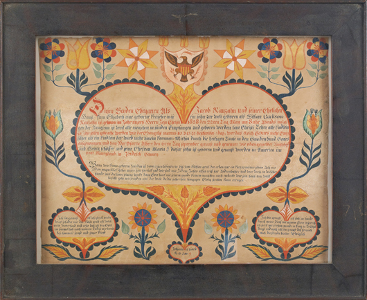 Johannes Bard (Pennsylvania and Maryland, 1797-1861), Frederick County, Maryland, ink and watercolor fraktur birth certificate for William Rauzahn, b. 1828, 12 1/2  x 16 inches. Estimate: $8,000-$12,000. Image courtesy of Pook & Pook Inc.