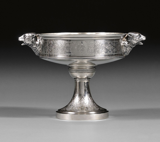 Tiffany & Co. sterling center bowl, 1865-70, set with handles formed as realistically modeled polar bear heads, 9 1/4 in inches, approximately 48.8 troy ounces. Estimate: $6,000-$8,000. Image courtesy of Skinner Inc.