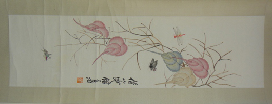 Qi Baishi watercolor on paper hanging scroll, $2,420. 888 Auctions image.   