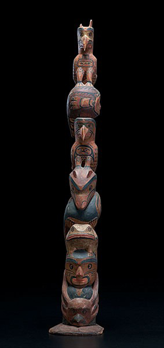 Mungo Martin (1881-1962) Kwakiutl carved and painted totem pole, 29 1/2 inches, realized $14,100. Image courtesy of Cowan’s Auctions Inc.