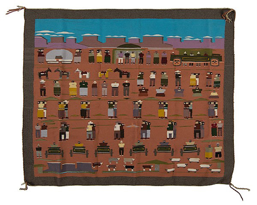Aleta Tsosie Navajo pictorial weaving titled ‘Squaw Dance,’ 47 x 59 inches, realized $5,288. Image courtesy of Cowan’s Auctions Inc.