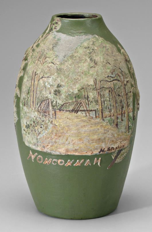 Nellie Randall Stephen, Walter B. Stephen’s mother, was the principal decorator at his first venture, the Nonconnah Pottery in western Tennessee. From the earliest years of production, this matte green vase bearing her signature sold for $8,968 at Brunk Auctions in November 2009. Image courtesy Brunk Auctions, Asheville, N.C.