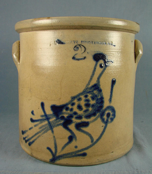 Stoneware 2-gallon crock produced by W. Roberts, Binghamton, N.Y., desirable bird motif. Mapes Auctioneers image.