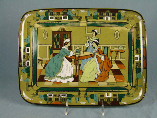 From a 5-piece selection of Deldare ware, a 10 x 13 in. tray titled ‘Heirlooms.’ Est. $200-$400. Mapes Auctioneers image.