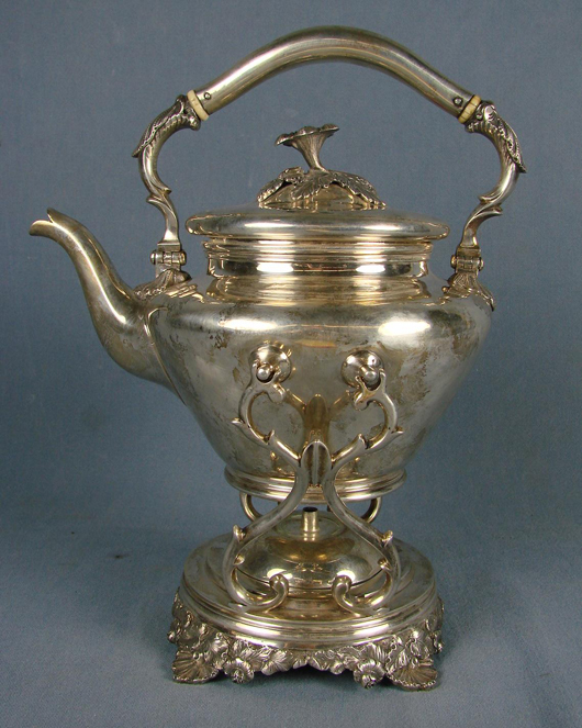 19th-century coin silver teapot on stand by Bailey of Philadelphia. Est. $1,000-$2,000. Mapes Auctioneers image.