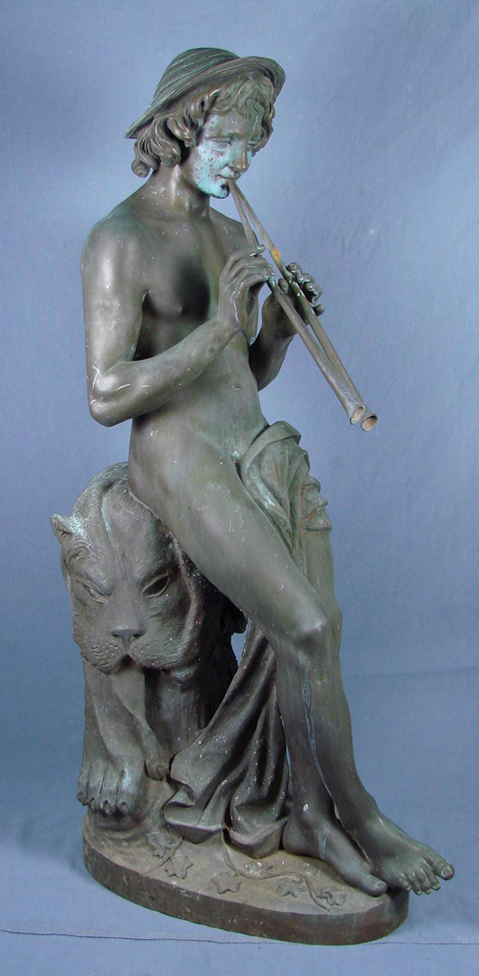 Theodore Coinchon (French, 1814-1881) garden bronze of Pan playing a flute, 35 inches. Est. $2,000-$4,000. Mapes Auctioneers image.
