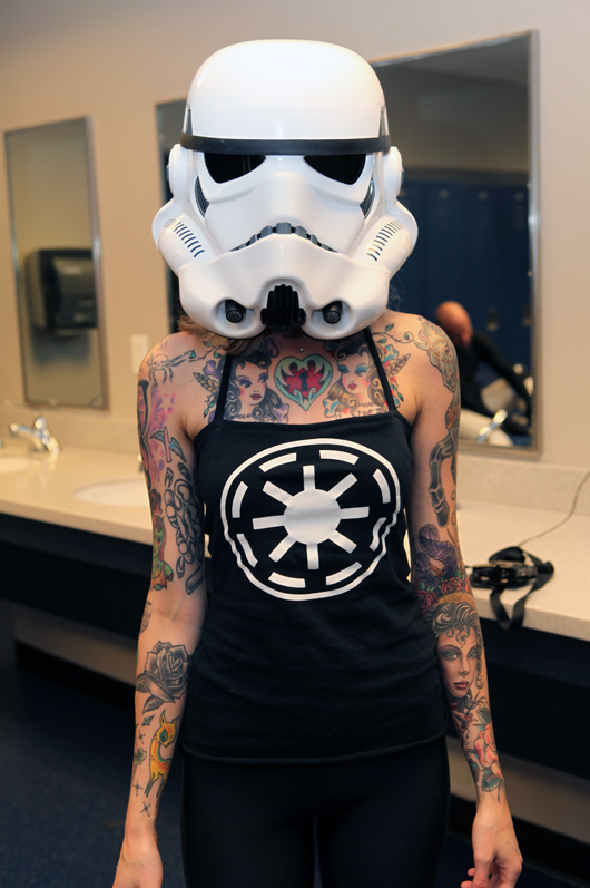 Your Auction Central News reporter Tiffany Mamone as a half human, half Stormtrooper. Image courtesy of Tiffany Mamone, Auction Central News.