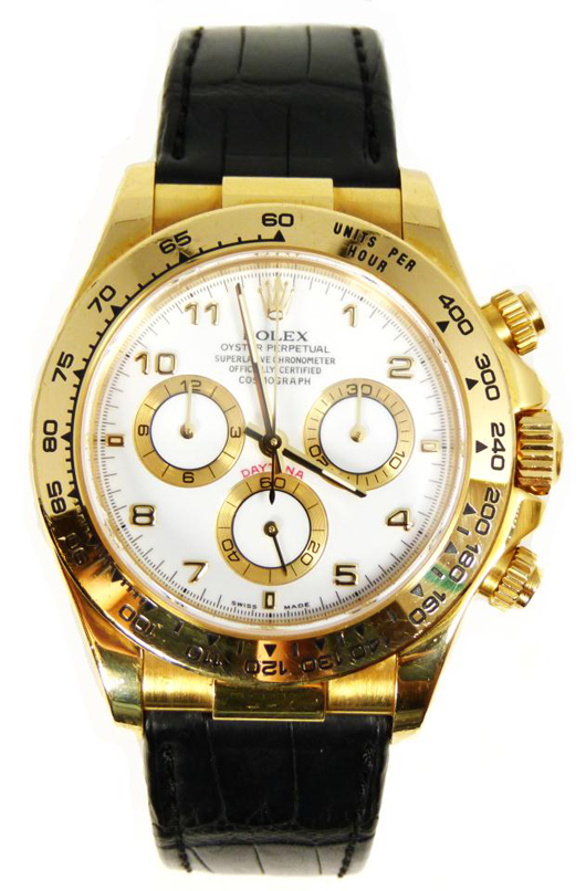 Rolex 18kt yellow gold Daytona Oyster man's wristwatch (est. $10,000-$13,000). Image courtesy of Elite Decorative Arts.