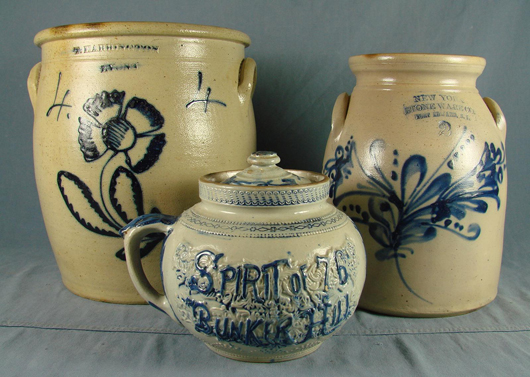 Three examples from a 60-piece collection of 19th-century New York state stoneware. Mapes Auctioneers image.