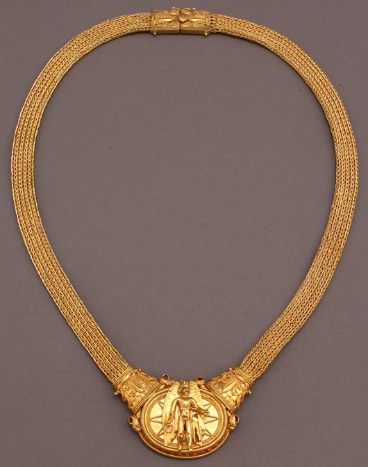 There are many silver and gold lots in the sale, including this 18K and 22KGreek Classical-style gold medallion necklace, est. $4,000-$6,000. Image courtesy Case Antiques Auction.