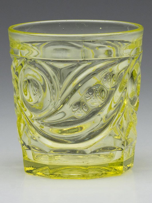 Comet water tumbler in brilliant canary yellow, polished pontil mark. Boston & Sandwich Glass Co. and others. Estimate: $2,000-$3,000.