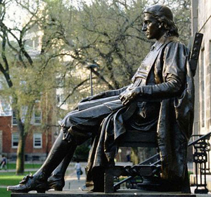 Statue of John Harvard by Daniel Chester French, in Harvard Yard, Harvard University. Image courtesy of Wikimedia Commons.