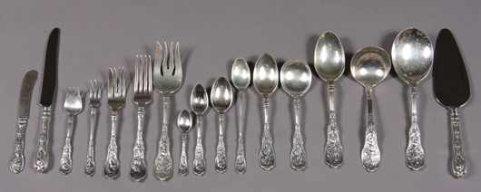 Gorham sterling silver flatware set in the Mythologique pattern, 192 pieces with a total weight of 232 ozt., designed by F. Antoine Heller. Est. $10,000-$12,000. Image courtesy of Stefek's.
