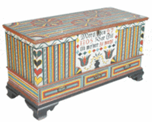 This useful but battered 19th-century blanket chest has an attractive new painted finish, so it auctioned for $450. It was accurately described in the Conestoga Auction catalog.