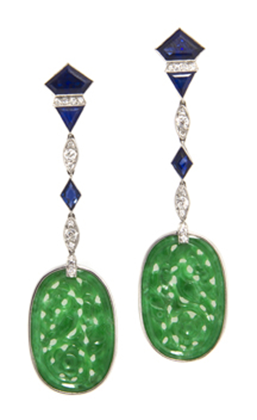 A pair of Art Deco platinum, jade, sapphire and diamond earrings sold for $10,980. Image courtesy of Leslie Hindman Auctioneers.