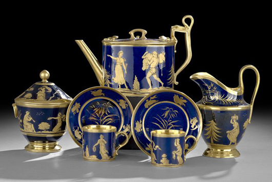 Darte Freres seven-piece Paris porcelain cobalt and gilt tea set, first quarter 19th century.  Estimate: $2,500-$4,000. Image courtesy of New Orleans Auction Galleries Inc.