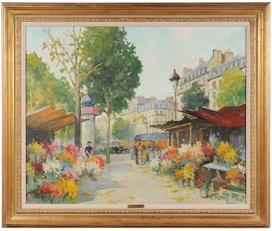 From the collection of Phyllis George is this painting of a Parisian flower market by Constantin Kluge (French, 1912-2003). The oil on canvas painting, 31 1/2 by 39 1/4 inches, has a $3,000-$5,000 estimate. Image courtesy of Brunk Auctions.