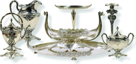 Topping the decoratives category was this David Andersen for Shreve & Co. .830 silver and sterling silver 27-piece hollowware suite in the Viking pattern, circa 1888-1925, which sold for $27,775. Image courtesy of Clars Auction Gallery.