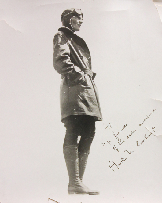 This autographed silver gelatin print inscribed ‘To my friends of the media audience’ by Amelia Earhart sold for $3,245. Image courtesy of Clars Auction Gallery.