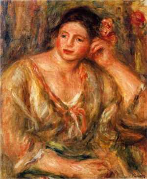 Pierre-Auguste Renoir, Madelaine Leaning on Her Elbow With Flowers in Her Hair, oil on canvas, 50.17 x 41.28cm, completed in 1918.
