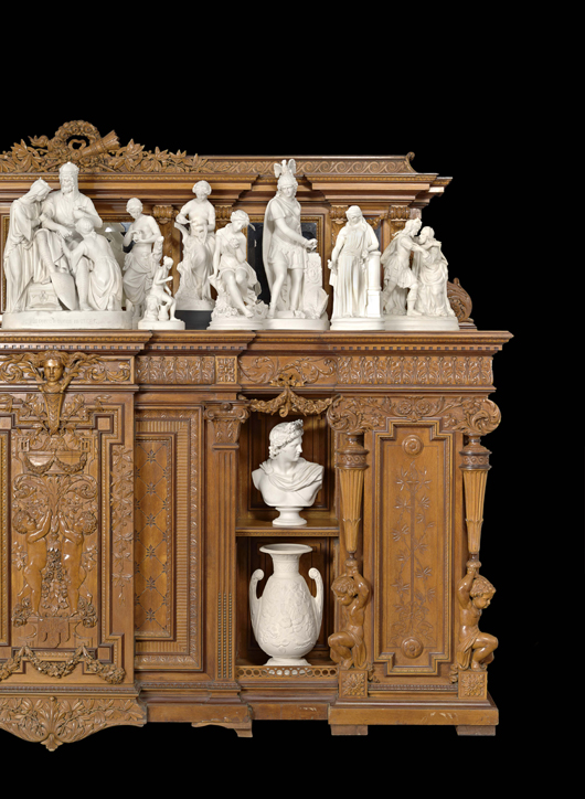 Important American carved mahogany and cherry Aesthetic Movement cabinet, New York, circa 1875-1880. Estimate: $20,000-$40,000. Image courtesy of New Orleans Auction Galleries Inc.