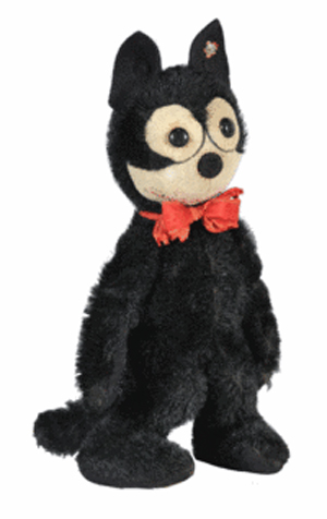 This Felix the Cat figure was made by Steiff, the famous German toy company. It sold for $4,250 at a 2010 Fairfield auction in Monroe, Conn. The toy is 9 1/2 inches tall and has the trademark Steiff button in one ear.