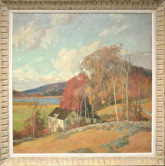 Frederick John Mulhaupt (American 1871-1938), ‘Hillside Farm’ (probably Annisquam, Mass.), oil on canvas, 38 by 38 inches, signed lower left, titled on stretcher. Image courtesy of Trinity International Auctions.