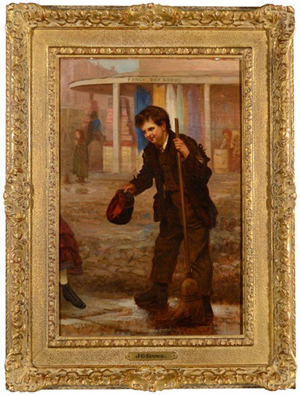 J.G. Brown, (American 1831-1913) , ‘The Little Street Sweeper,’ dated 1865. Estimate: $15,000-$25,000. Image courtesy of Trinity International Auctions.