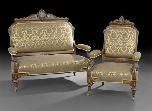 American Neo-Grec painted and gilt-incised rosewood parlor suite, attributed to Herter Brothers, New York, 1868-1872. Estimate: $10,000-$15,000. Image courtesy of New Orleans Auction Galleries Inc.