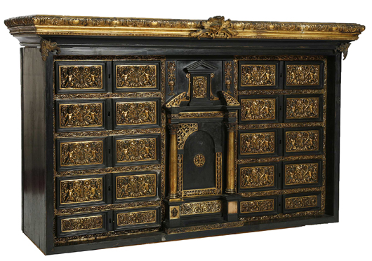 Ebonised and gilt bronze mounted cabinet, probably Italian, late 17th/early 18th century,  31 1/2 inches x 48 inches. Image courtesy of Mealy’s Fine Art.