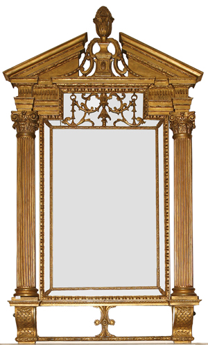 Carved giltwood 0vermantel, attributed to John and Francis Booker, basically 18th century, 71inches x 41 inches. Image courtesy of Mealy’s Fine Art.