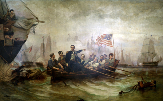 Photo of the 1873 William Henry Powell (1823-1879) painting of Perry's transfer from the Lawrence to the Niagara during the Battle of Lake Erie. 