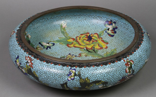 Cloissone lotus design bowl, China, 19th C., 12 1/2 x 7 1/4 x 3 1/2 in. Kaminski's image.