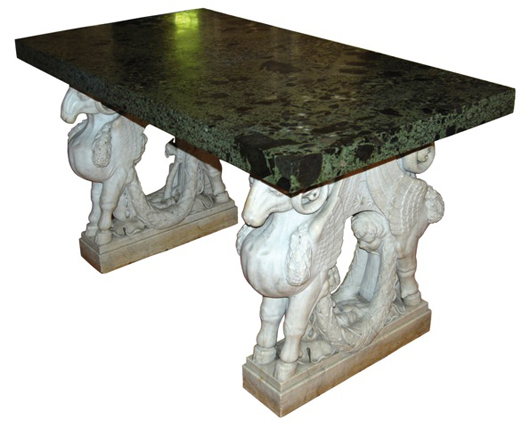18th or 19th C. Neoclassical style Italian table with supports in the form of winged rams, in the manner of Francesco Antonio Franzoni (Italian, 1734-1818), having the coat of arms of Pope Pius VI carved on the supports, white marble with green breccia medicea top, 37 in. H x 65 1/2 in. L x 35 in. v