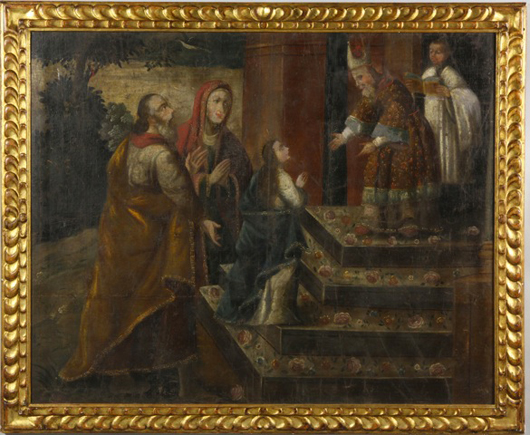 Late 17th C. Spanish painting of a religious scene, oil on canvas, 47 1/2 x 58 1/2. Kaminski's image.