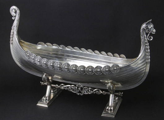 Norwegian silver viking ship on stand, David Anderson Co., made by silversmith Gustav Gaudernack, dated 1901, 17 1/2 in., .830 standard, total weight 62.5 tr. oz. Kaminski's image.