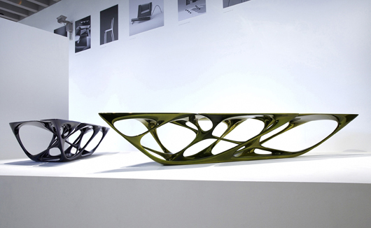 The Mesa Table (2007) is part a new exhibition, Zaha Hadid: Form in Motion, at the Philadelphia Museum of Art through March 25, 2012. The design has a polyurethane base, fiberglass top, and metallic paint finish and was made by Vitra GmbH, Basel, Switzerland. Courtesy Philadelphia Museum of Art, photography Eduardo Perez.