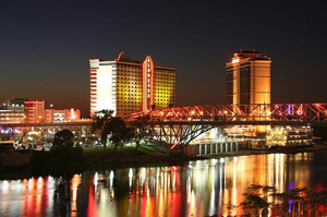 Shreveport's riverfront casino district. Photo by Brian Bussie of Photos by Brian, LLC, licensed under the Creative Commons Attribution-Share Alike 3.0 Unported license.