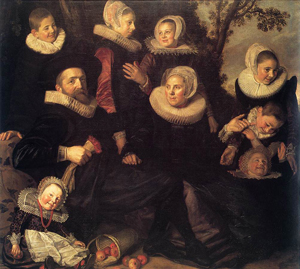 Family Portrait in a Landscape, overall painting (1620) by Frans Hals, with sitting child at bottom left added by Salomon de Bray (1628). Oil on canvas.