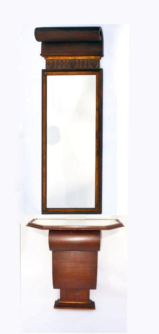 20th century modern D-form mirror/inset console and pier mirror by James Mont carries an estimate of $2,500-$3,500. Roland Auctions image.
